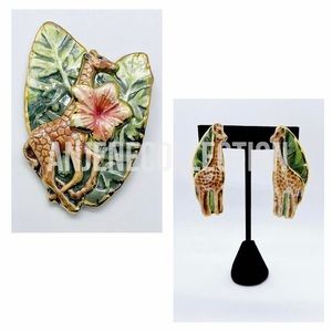 Rare handcrafted clip on earrings + brooch set